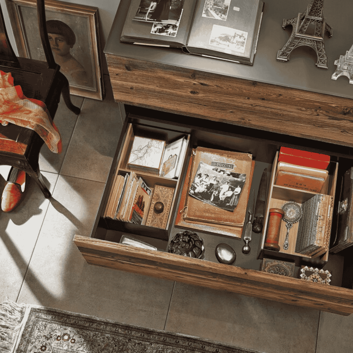 Wohnzimmer Schubladen Organizer mit Blum Ambia Line Rahmen